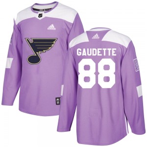 Authentic Adidas Youth Adam Gaudette Purple Hockey Fights Cancer Jersey - NHL St. Louis Blues